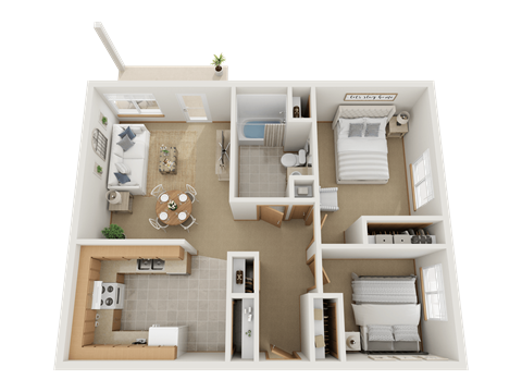 Floor plan for 2 beds, 1 bath, 748 sqft